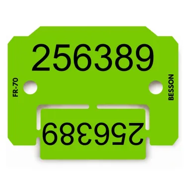 Plaquette d’identification verte avec coupon, personnalisée au laser par Le Besson.