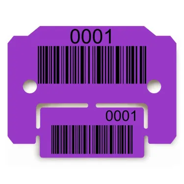 Plaquette d’identification violette avec coupon et code-barres, personnalisée au laser par Le Besson.