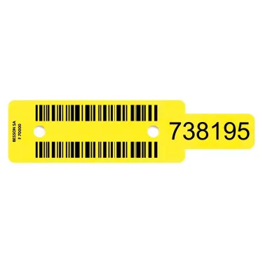 Plot d’identification jaune pour scierie, personnalisé avec des chiffres et code-barres par Le Besson