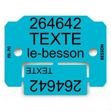 Plaquette d’identification bleue avec coupon, personnalisée au laser par Le Besson.