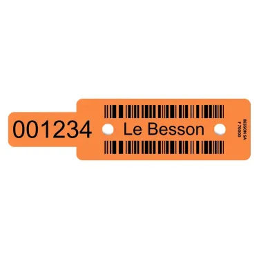 Plot d’identification orange pour scierie, personnalisé avec des chiffres du texte et code-barres par Le Besson