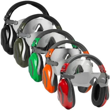 Différentes couleurs de protections antibruit avec lunettes de protection et support