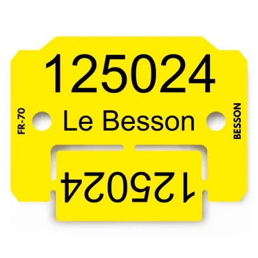 Plaquette d’identification jaune avec coupon, personnalisée au laser par Le Besson.