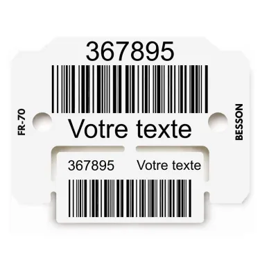 Plaquette d’identification violette avec coupon, numérotation, texte et code-barres, personnalisée au laser par Le Besson.