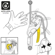 Schématisation du descendeur auto-freinant compact jaune Rig réparable de Petzl