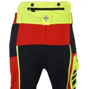 Zoom face arrière du pantalon anticoupure de Classe 1 Infinity rouge et jaune de Solidur