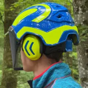Côté du casque Protos Forest Bleu et Jaune PFANNER