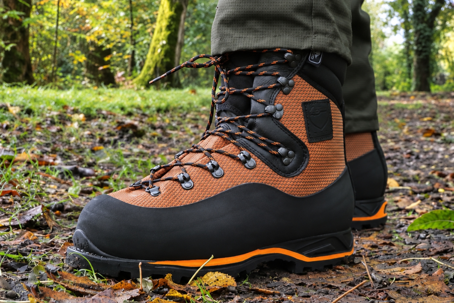 Chaussures de bûcheron anti-coupure présentées en contexte professionnel